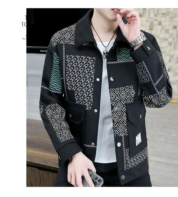 Brand Clothing Spring Autumn Men Coats Lapel Slim Print Jacket Mens High Quality Casual Jacket Tops Coat