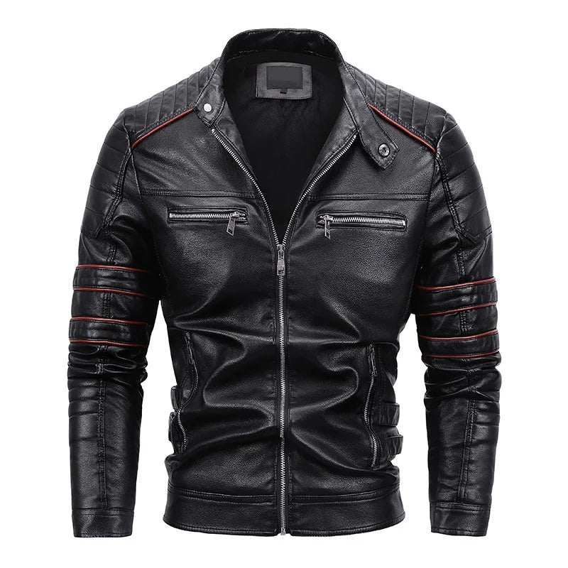 Male PU Stand Collar Zipper Autumn Casual Slim Windbreaker Chaquetas Motorcycle Leather Jacket Men Winter Fleece Tactics Coat