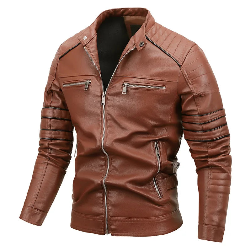 Male PU Stand Collar Zipper Autumn Casual Slim Windbreaker Chaquetas Motorcycle Leather Jacket Men Winter Fleece Tactics Coat