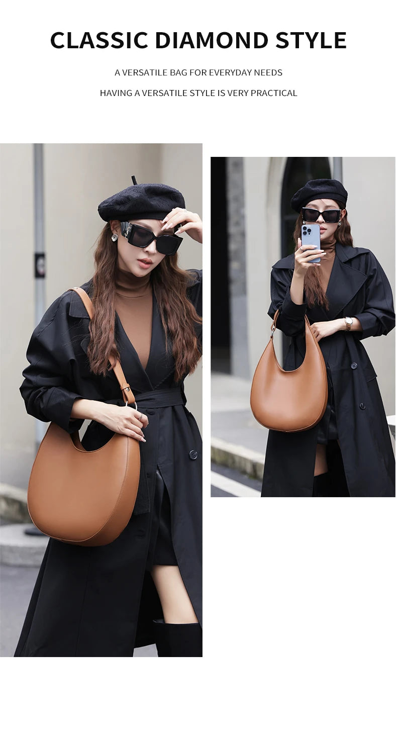 Hifashion Genuine Leather Underarm Shoulder Bags For Women 2024 Trend Designer Half Moon Crossbody Purses Tote Ladies Handbags