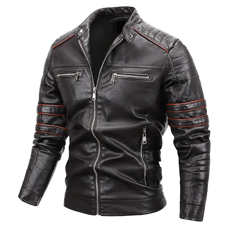 Male PU Stand Collar Zipper Autumn Casual Slim Windbreaker Chaquetas Motorcycle Leather Jacket Men Winter Fleece Tactics Coat